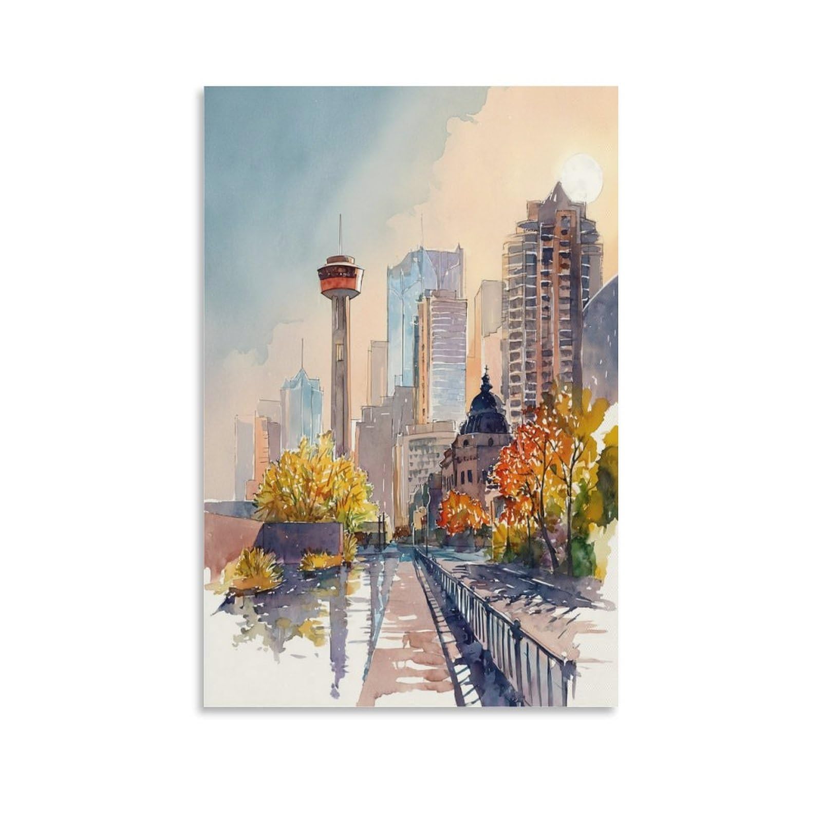XWYMXZ Dallas Watercolor Painting Texas Cityscape Poster 24x36inch(60x90cm) Vintage Watercolor Canvas Art