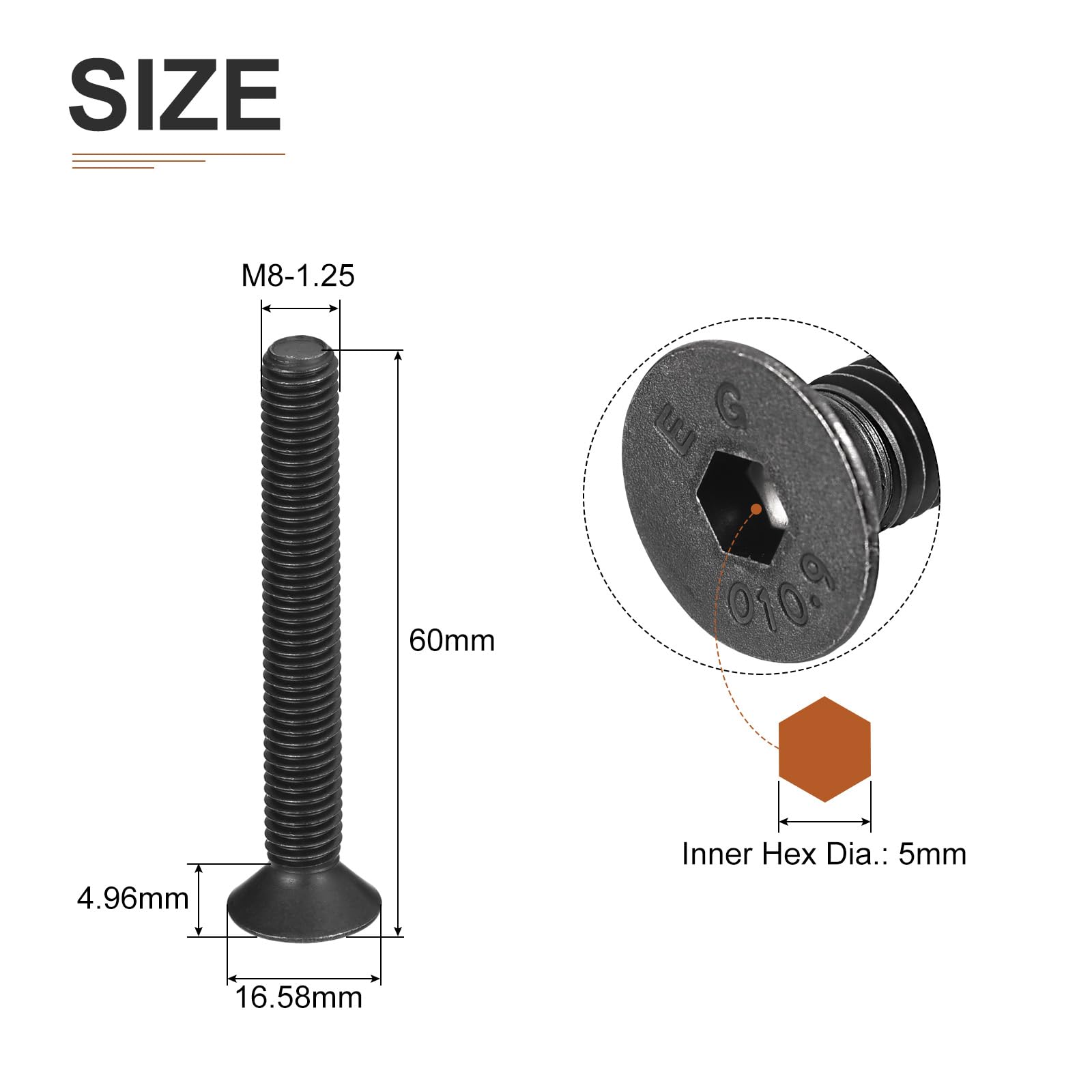 DTGN M8-1.25x60mm Flat Head Socket Cap Screws, 10 Pack Hex Socket Flat Head Screws Carbon Steel Black Oxide, Full Thread - Image 2