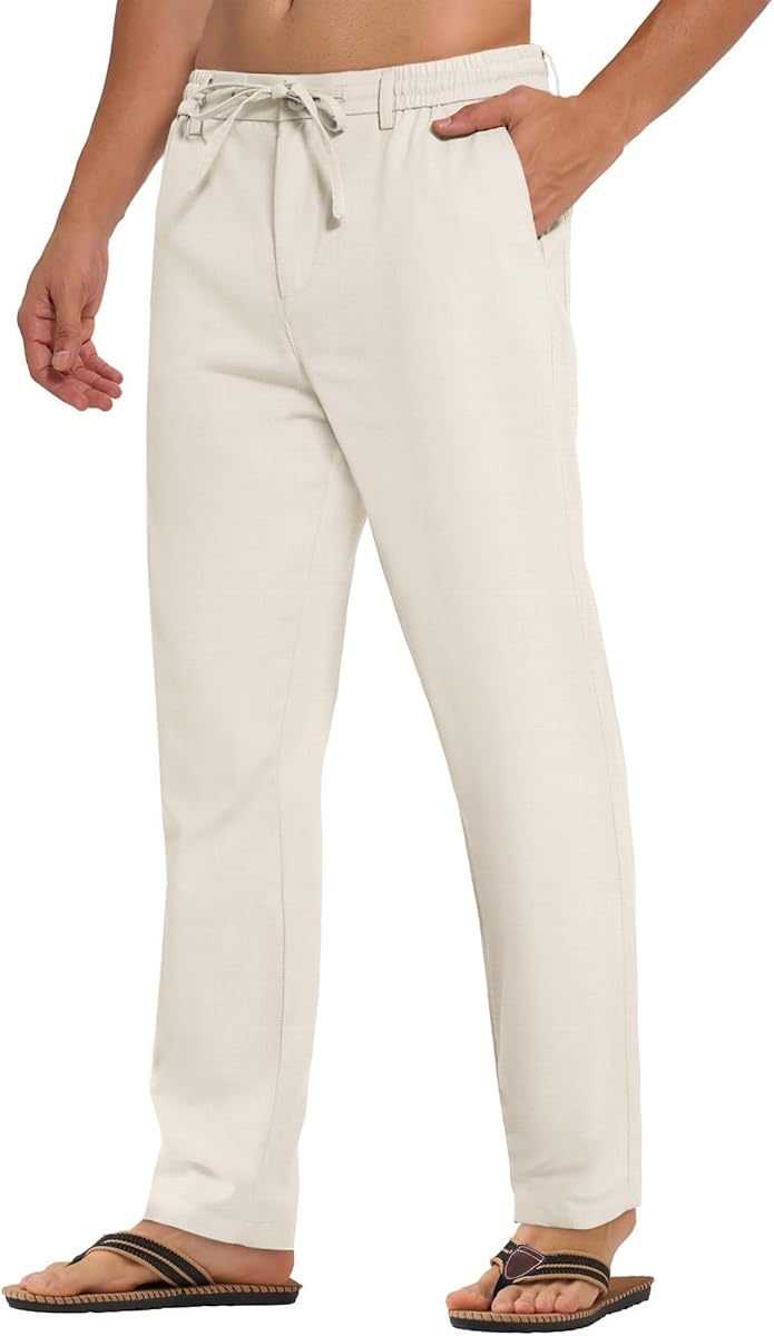 PLEPAN Mens Linen Pants Casual Stretch Elastic Drawstring Waist Lightweight Summer Beach Straight Leg Linen Dress Pants, Beige, US (34) M at Amazon Men’s Clothing store