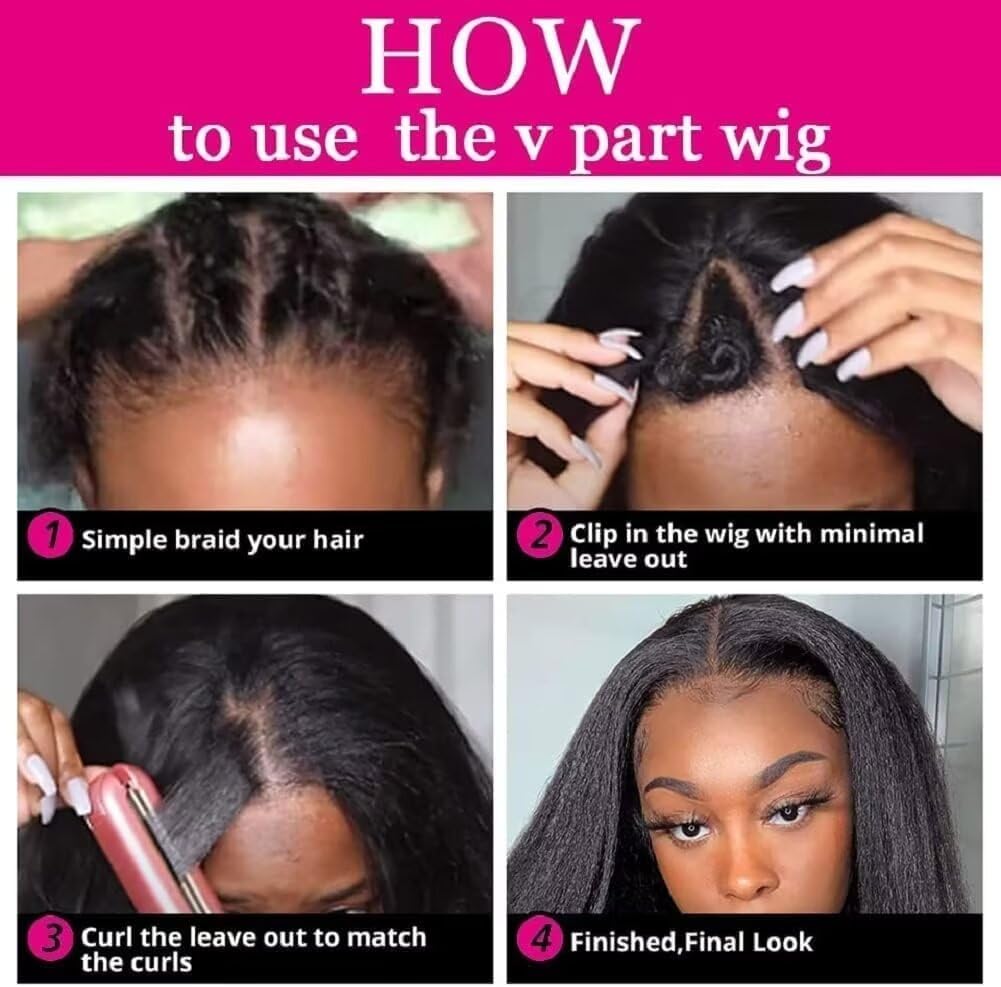 Yaki Straight V Part Wig For Women Human Hair Kinky Straight Human Hair Wigs For Women No Leave Out Upgraded U Part Wig Easy To Wear For Beginners 1b 20 Inch - Image 3