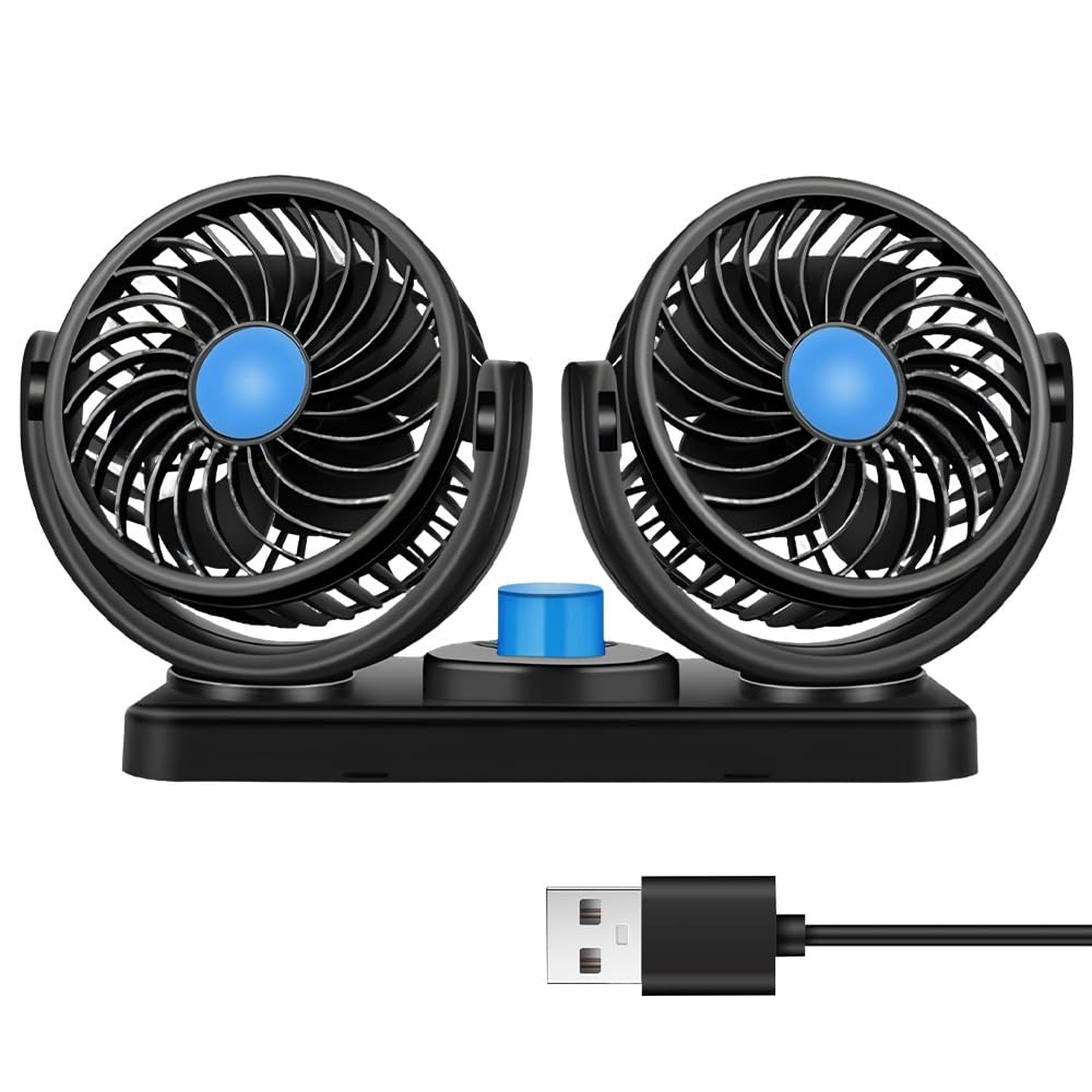 Wentylator samochodowy z podwójną głowicą 12 V, z podwójną głowicą, dmuchawa z 3 prędkościami, obracany o 360°, cichy wentylator do samochodów ciężarowych, łodzi, SUV-ów, kamperów