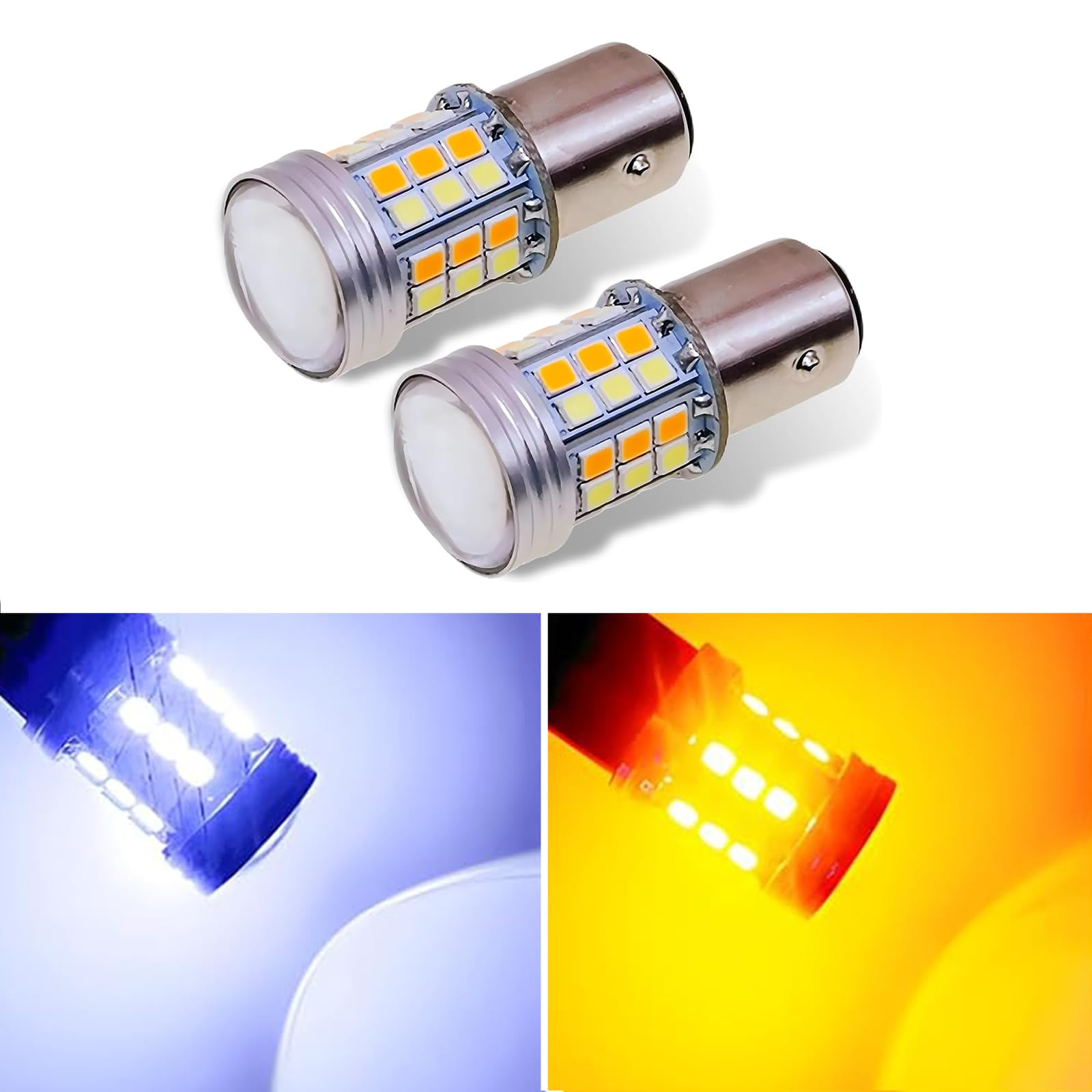 2 PCS 1157 Car LED Reversing Light, 2835-45SMD High-brightness Dual-color Width Light Brake Light, 360-degree Irradiation 3156 3057 4157 LED Turn Signal DRL Replacement (White & Yellow)