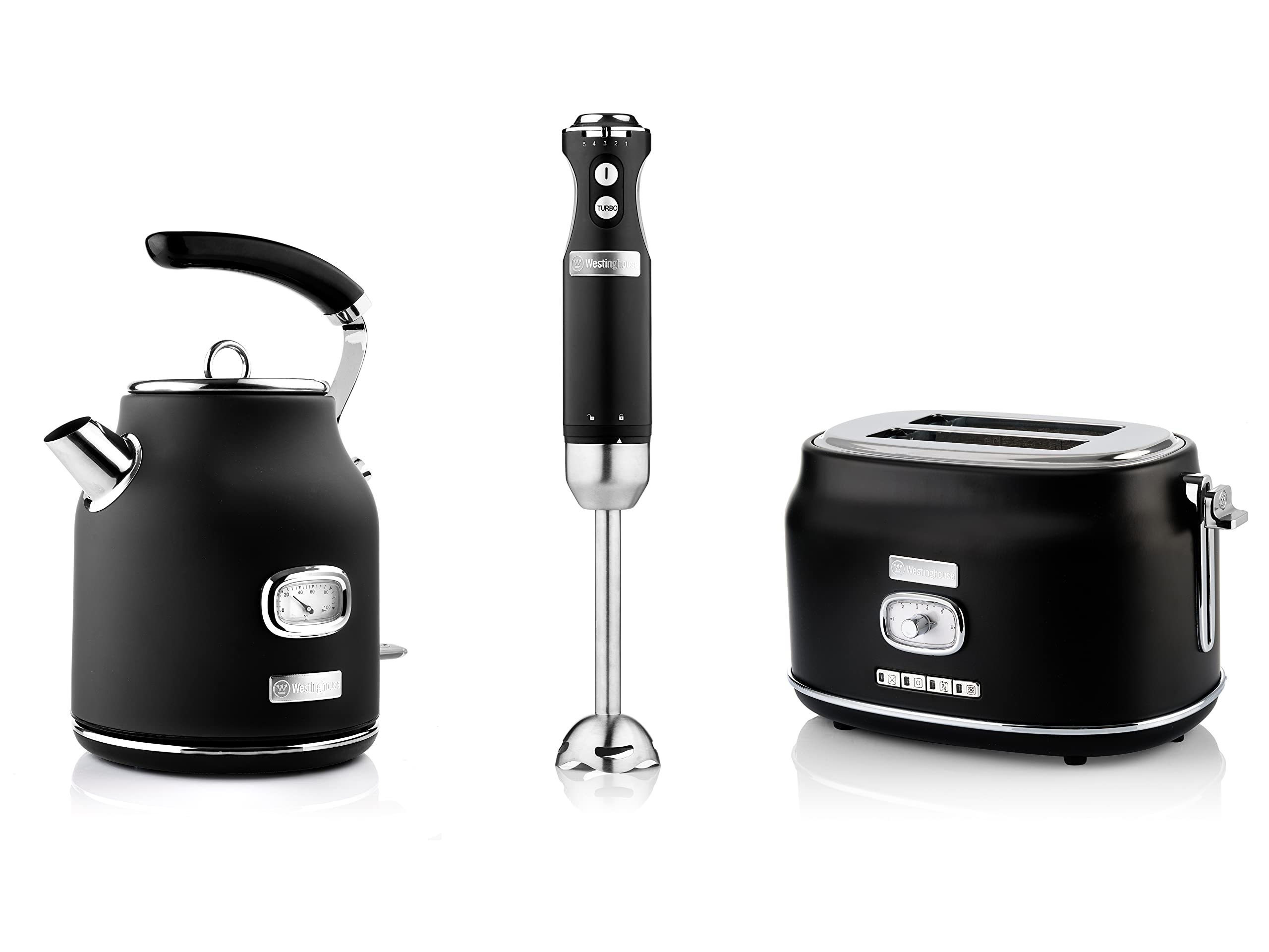 Westinghouse Retroline zestaw śniadaniowy, czarny, toster, blender ręczny i czajnik, 1,7 l i filtr wapienny, dwa szczeliny z nasadką na bułki, blender ręczny z 4 stopniami prędkości