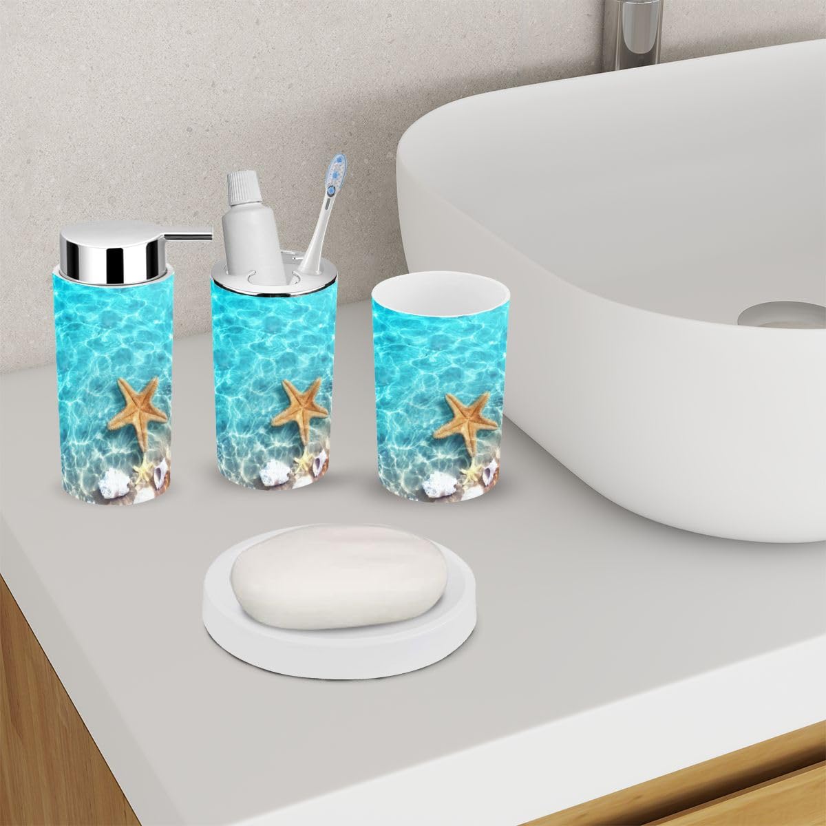 XNGJEMVWXO Bathroom Accessory Set 6 Piece Starfish Seashell Summer Beach sea Water Summer Toothbrush Holder, Toothbrush Cup, Soap Dispenser, Soap Dish, Toilet Brush Holder, Trash can