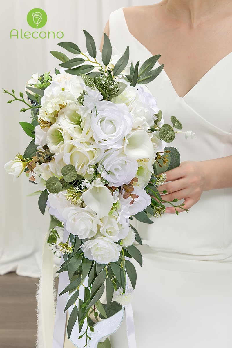 Alecono Wedding Bouquets for Bride, 8in Artificial White Bridal Bouquets for Wedding Ceremony and Anniversary Decor