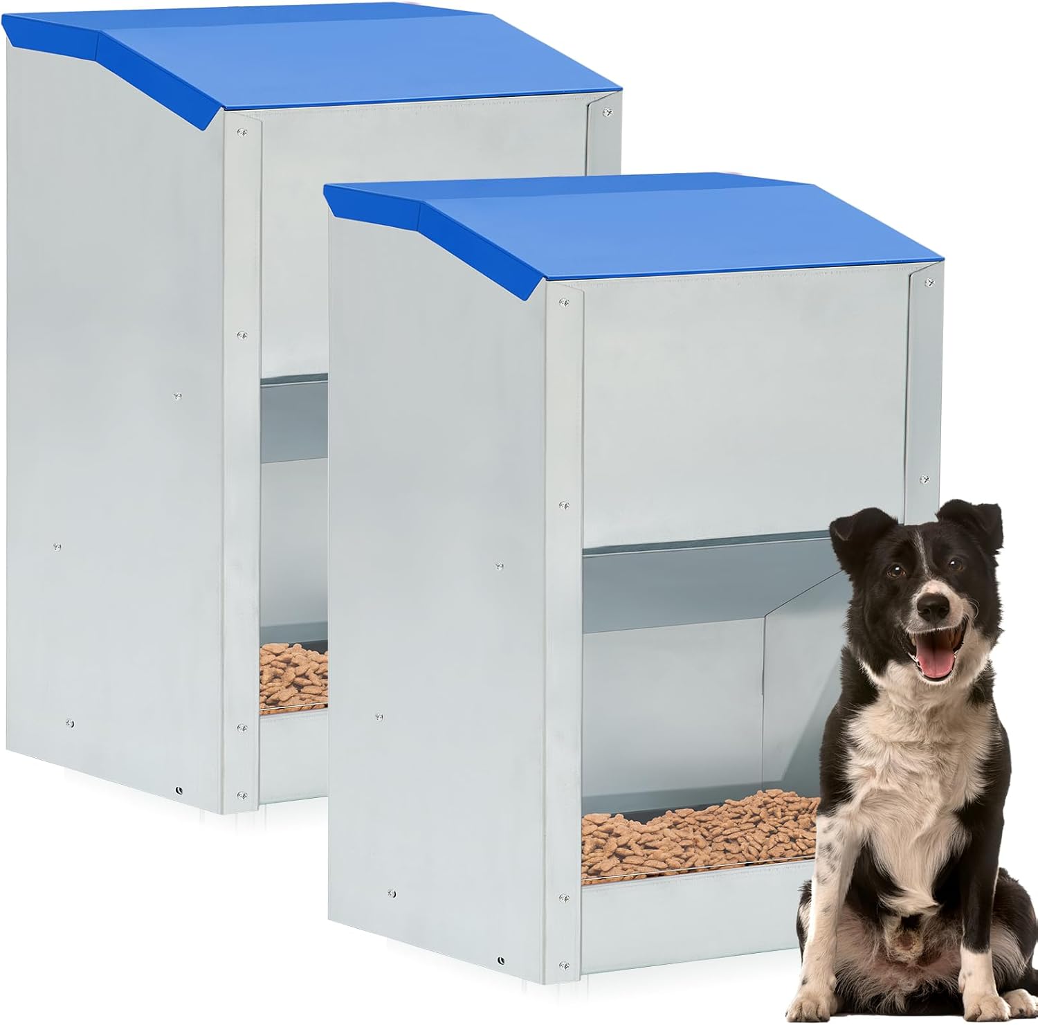 2 Pcs 40 Lbs Large Automatic Dog Feeders with Handle Acrylic Panel Galvanized Gravity Feeder Outdoor Hanging for Doggie Breed Dog Food Dispenser Container (Red, No Wheels)