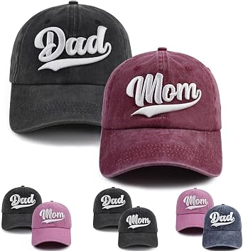 2PCS Mom and Dad Hat,3D Embroidered Adjustable Cotton Baseball Caps Gift for Couples Parents