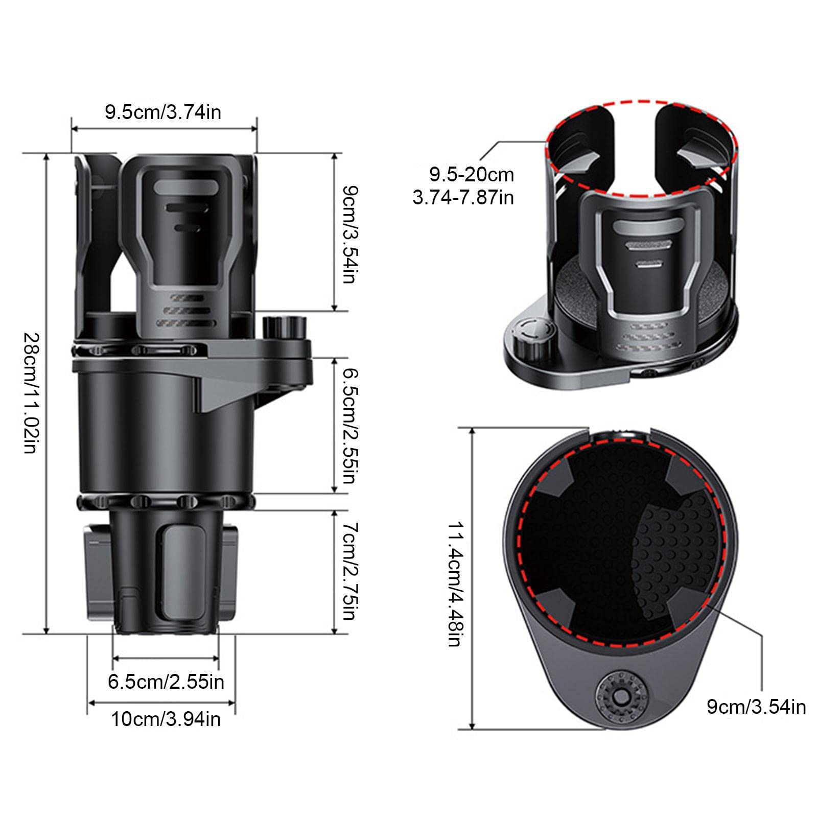 Estensore Portabicchieri Doppio KITUREK Per Auto, 2 In 1, In ABS Nero, Base Regolabile, Adatto A Tazze Fino A 1L, Organizer Universale
