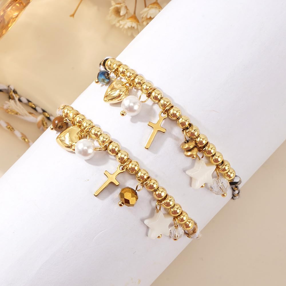 2PCS/set Two-color Rope Pearl Cross Heart Star Adjustable Bracelet for Women,Charm Beads Couple Bracelet,Handmade Fashion Jewelry Gifts - Image 3