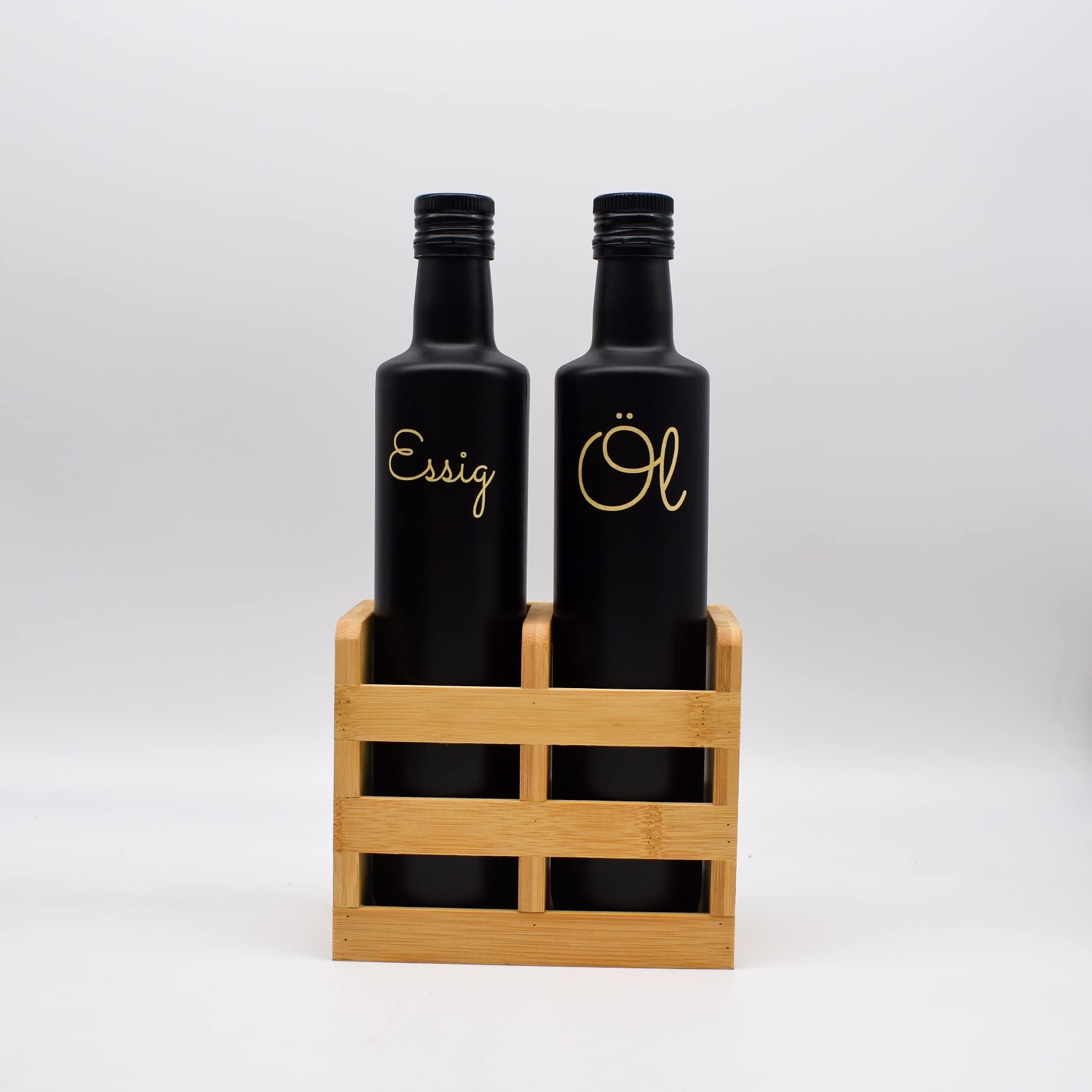 Amazon.de: Essig l Flaschen Set - 500 ml Flaschen in schwarz - 2 Edelstahl  Ausgieer - Bambus-Behlter - 2x Deckel in schwarz (Schriftfarbe:  Shimmer-Gold)