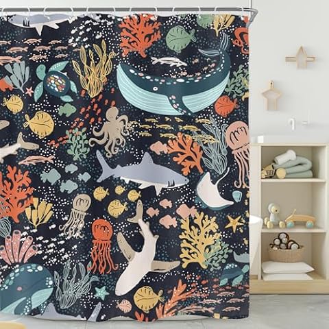 Riyidecor Extra Long Shower Curtain for Bathroom Decor 72Wx96H Shark Kids Fish Sea Creature Ocean Whale Funny Underwater Animal Cute Blue Art Printed Fabric Polyester Waterproof 12 Pack Plastic Hooks Cover