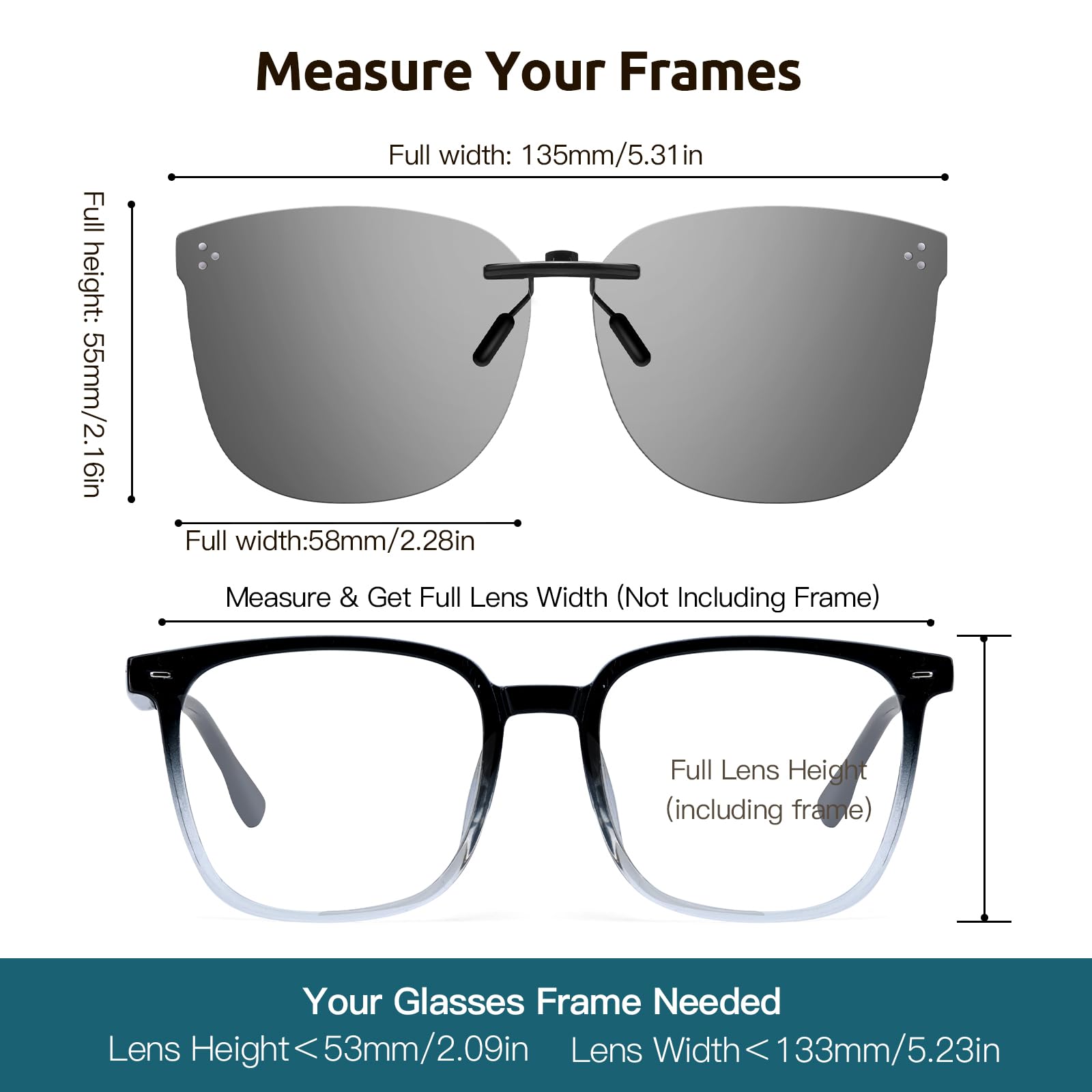 VIEWBETTER Photochrome Sonnenbrille zum Anklippen, für Damen und Herren, polarisiert, UV400-Schutz, rahmenlos, leicht, PH3169