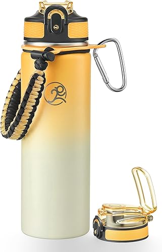 GOSWAG Botella de agua deportiva aislada, 24 onzas, 2 tapas (con pajilla sin pajilla), botellas de agua de acero inoxidable con mango de
