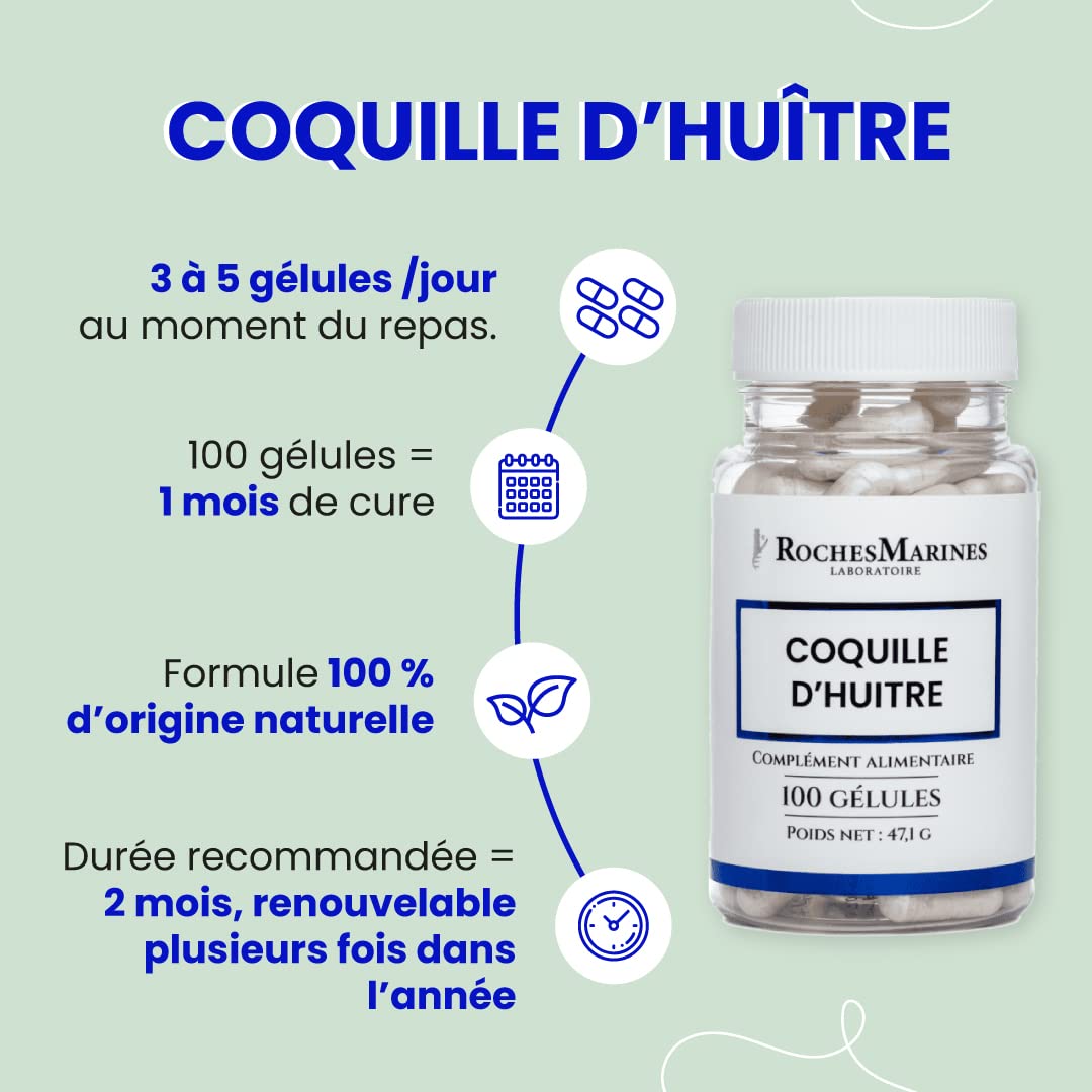 Roches Marines - Complément alimentaire Coquille d'huître - Apport en calcium naturel - Capital osseux - Confort osseux - 100 gélules - Développé en France