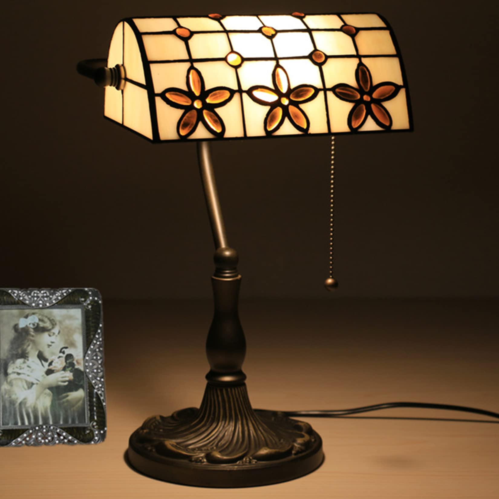 AIBOTY Banker Lamp Tiffany Desk Lamp Floral Style Lampshade Stained Glass Table Lamp Bedside Nightstand Piano Reading Lamp Work Study Desktop Light Decor Homebedroom Living Room Office,E
