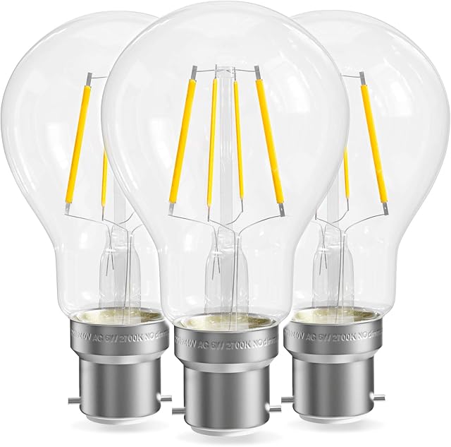 QNINE Warm White Bayonet Light Bulb Clear, 6W (60W Equivalent), 500lm, LED Filament Bulb, 2700K, Non-Dimmable, 3-Pack