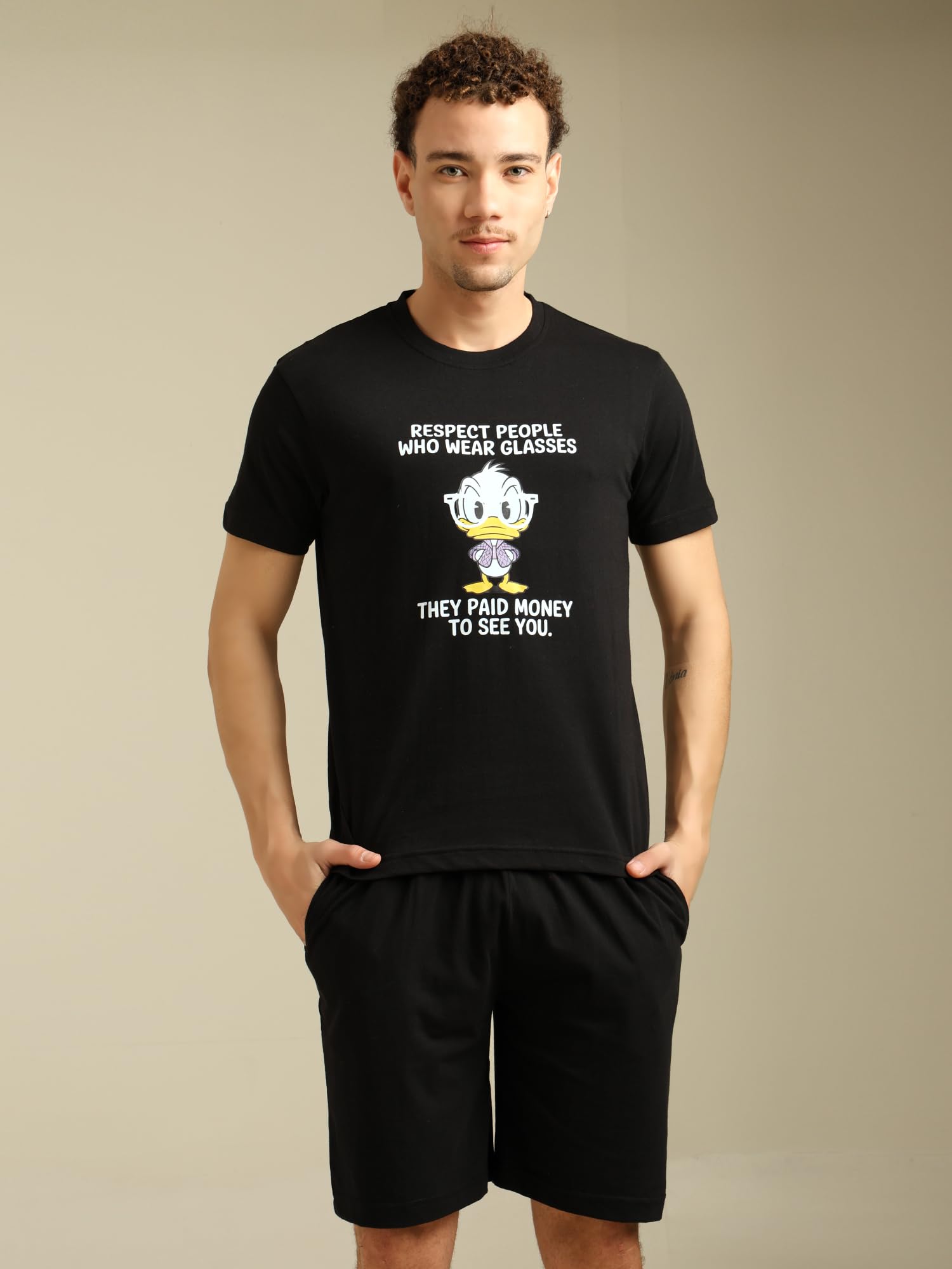 Black Cotton Jersey Round Neck Printed T-Shirt and Short Coord Set-image-41