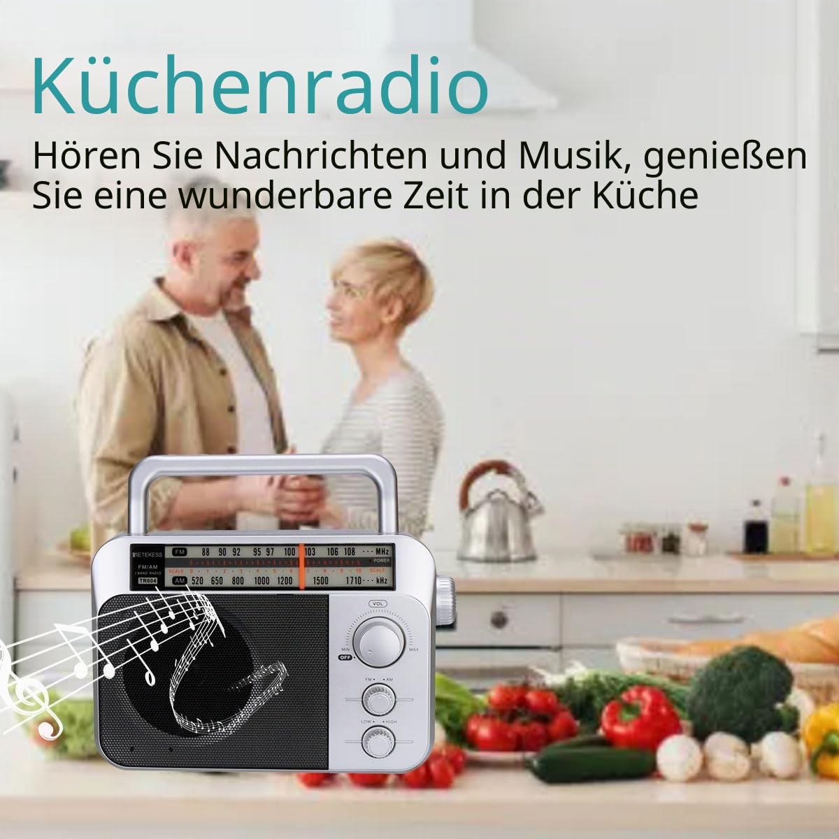 Retekess TR604 AM FM Radio, Tragbares Radio,Netzkabel oder Batteriebetrieb, Großer Knopf, Großer Lautsprecher, Einstellbare Höhen und Bässe, Radios für Senioren,Küche, Für Schlafzimmer