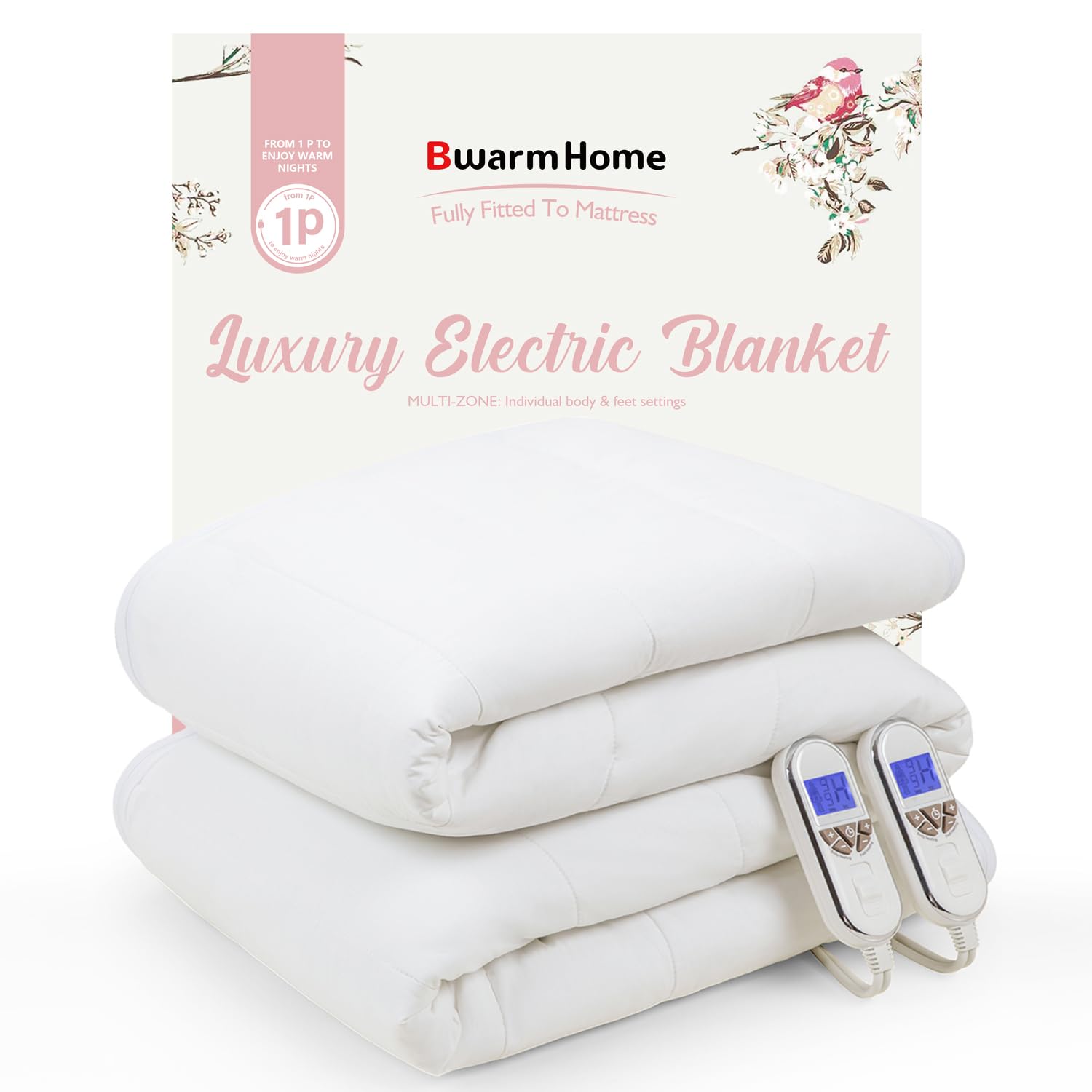 Coperta elettrica di lusso per letto king size, completamente aderente, multizona, strato comfort in cotone, doppio controllo, 9 impostazioni di calore, 10 impostazioni di tempo, lavabile