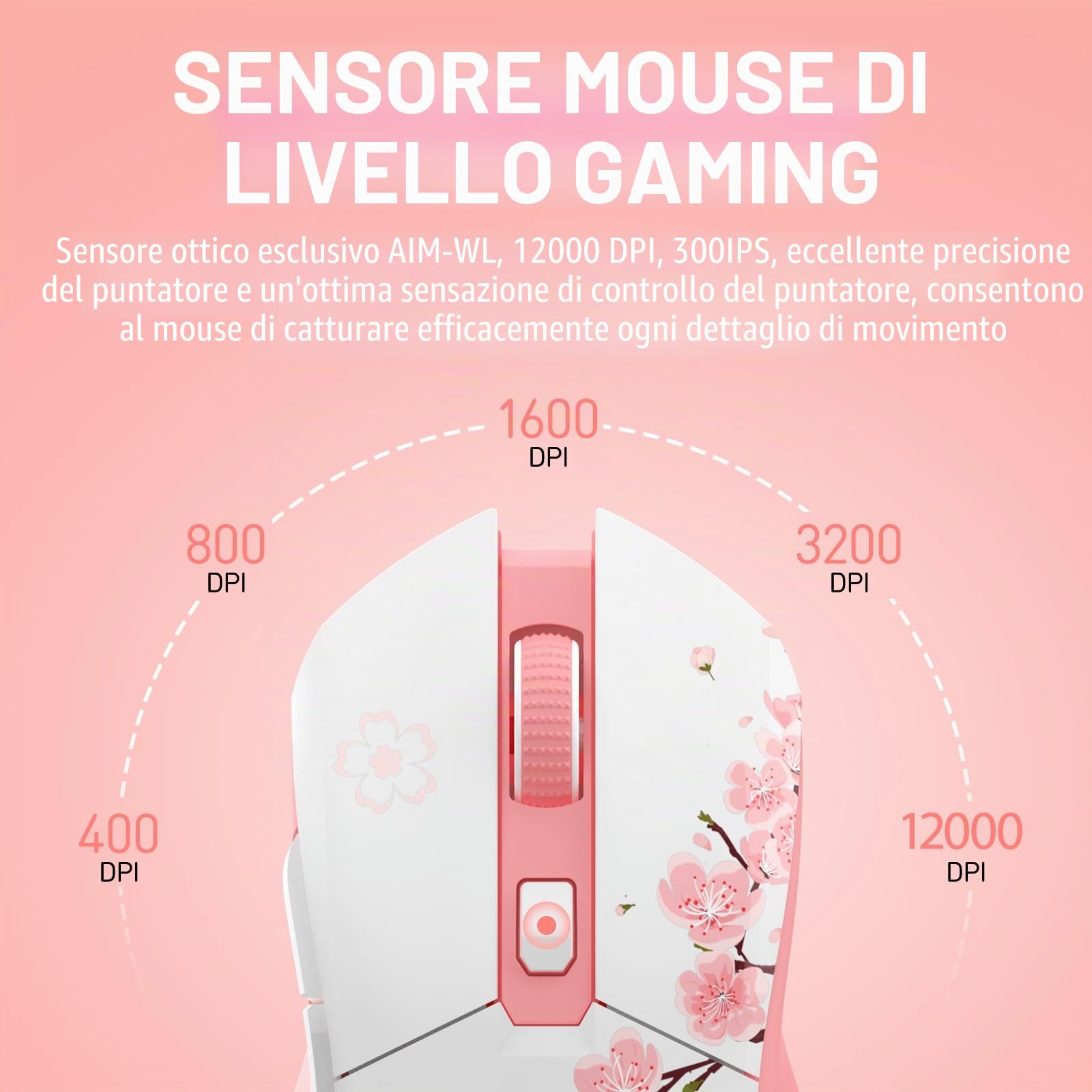 DAREU Sakura Rosa Mouse Gaming Pink con dock di ricarica ricaricabile RGB, 12 K DPI, 7 pulsanti programmabili, sensore ad alta precisione [300IPS] [1000Hz] per PC Notebook Mac