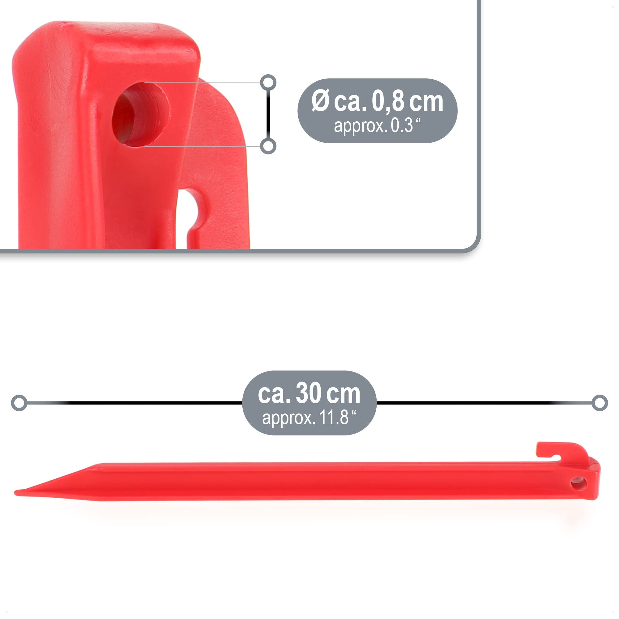 COM-FOUR® 12x picchetti per tenda in plastica - ancoraggi a terra per campeggio, giardino, spiaggia - picchetti con foro per estrattore pioli - ancoraggi a terra rossi - 30 cm