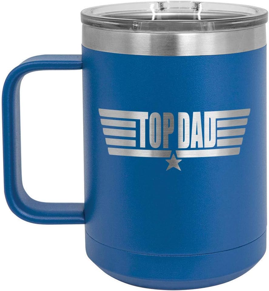TOP DAD Navy 15 oz Coffee Mug w/Slide Top Lid | Insulated Travel Coffee Cup | Father's Day Gift Ideas From Son or Daughter | Compare To Yeti Rambler | ONLYGIFTS.COM