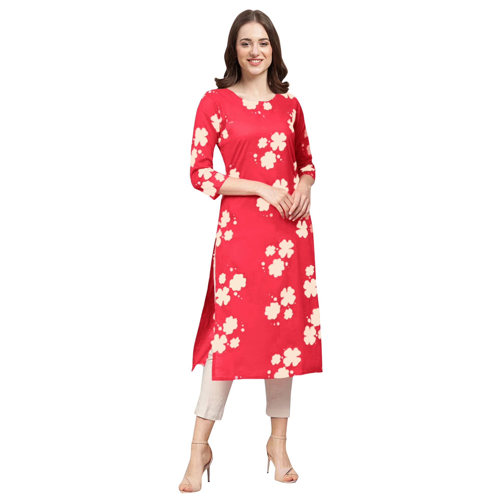 Pinkmint Women's Crepe Red Color Floral Printed Straight Kurti (530380-Xl)