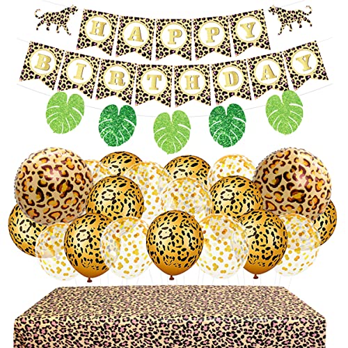 Décorations d'anniversaire guépard - Fournitures de fête avec bannière « Happy Birthday » - Ballons léopard safari - Nappe pour fête prénatale