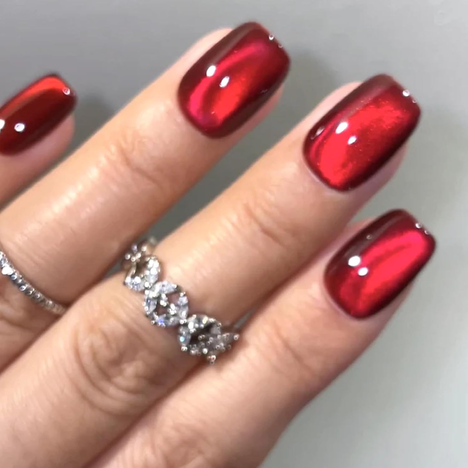 Burgundy Cat Eye Press on Nails - Glossy Red Short Square