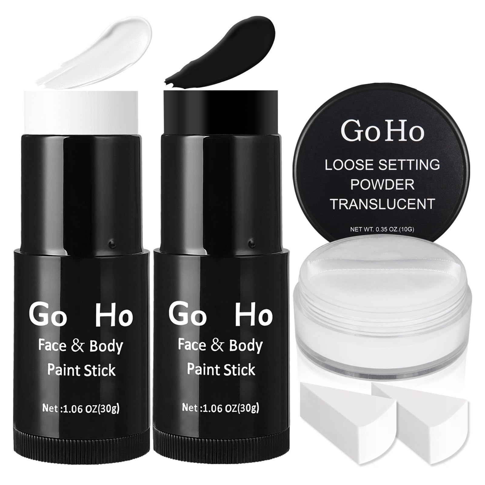 Go Ho White&Black Face Paint Stick with Setting Powder,2 PCS Sponges Set