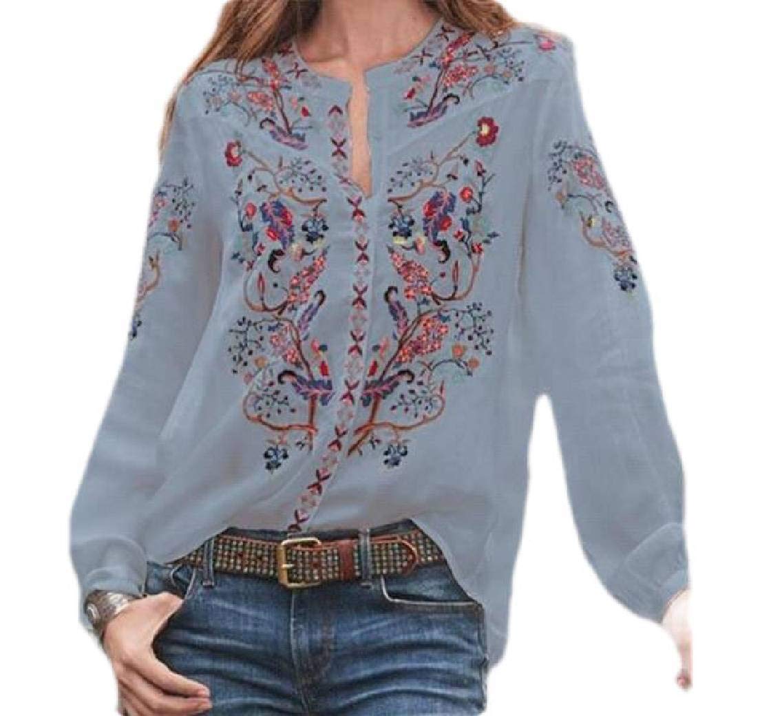 UUYUK Women Loose Flower Print Long Sleeve Shirts Button Up Blouse Tops Shirts