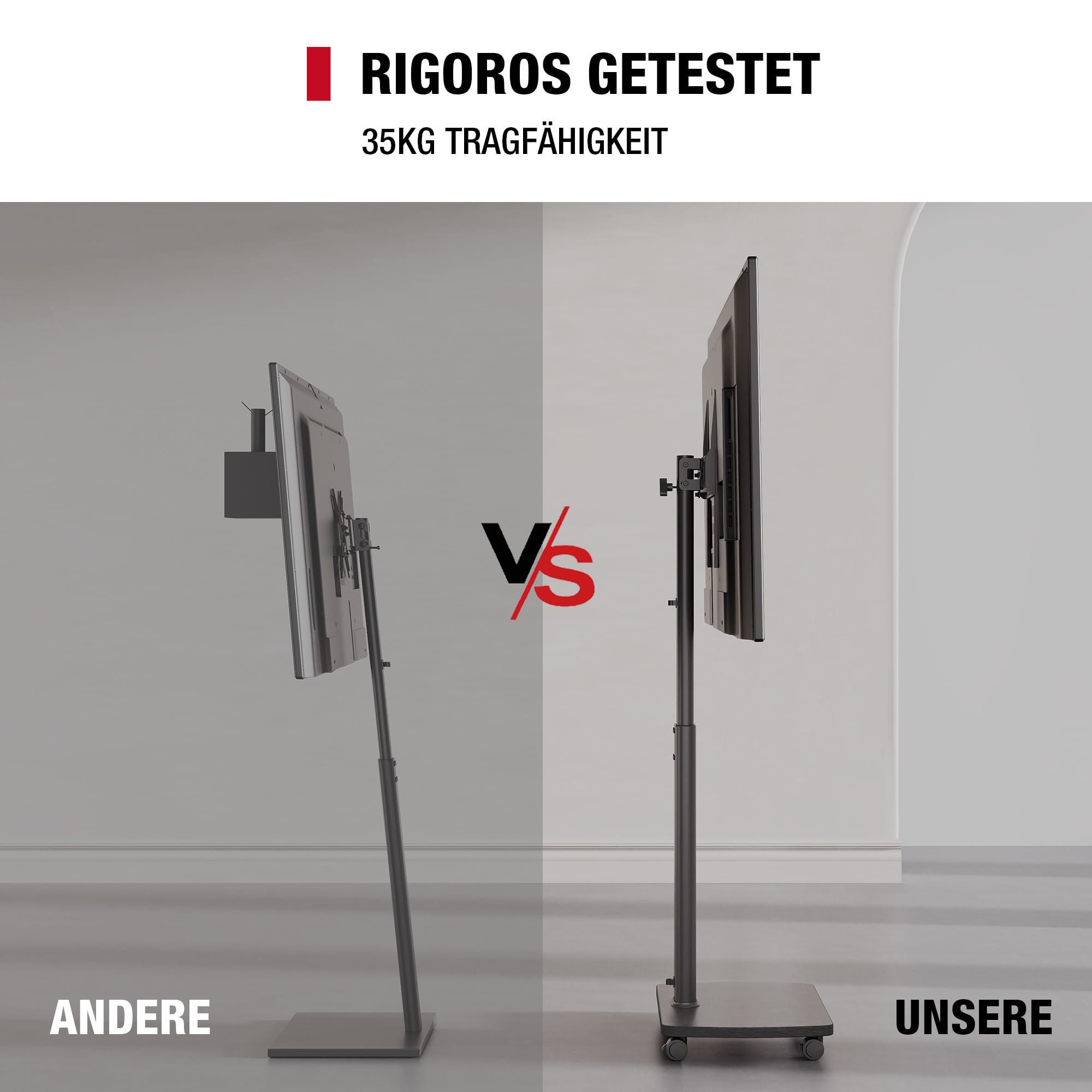 AOKCOS TV Ständer Rollbar mit Holzregal, Fernsehständer mit Rollen für 32-65 Zoll Flach & Curved Fernseher bis 35kg, TV Bodenständer 90°Rotierbar Höhenverstellbar, Max.VESA 400x400mm (Schwarz)