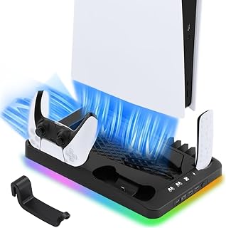 Suporte de resfriamento para console PS5 Disc/Digital Edition, estação de resfriamento com carregador de controlador, 4 hubs USB, 16 suportes de cartuchos de jogos e suportes remotos de mídia, luzes LED RGB, acessórios para jogos com base vertical