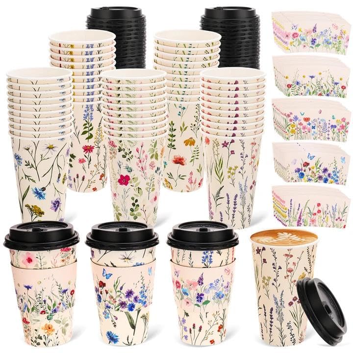 saerryor 50 Pack Floral Coffee Cups with Lids and Sleeves,16oz