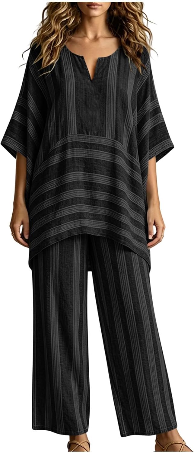 Women's Striped Baggy Suit 3/4 Long Sleeve Loose V- Neck Shirts Fashion Loose Wide Leg Pants with Pockets