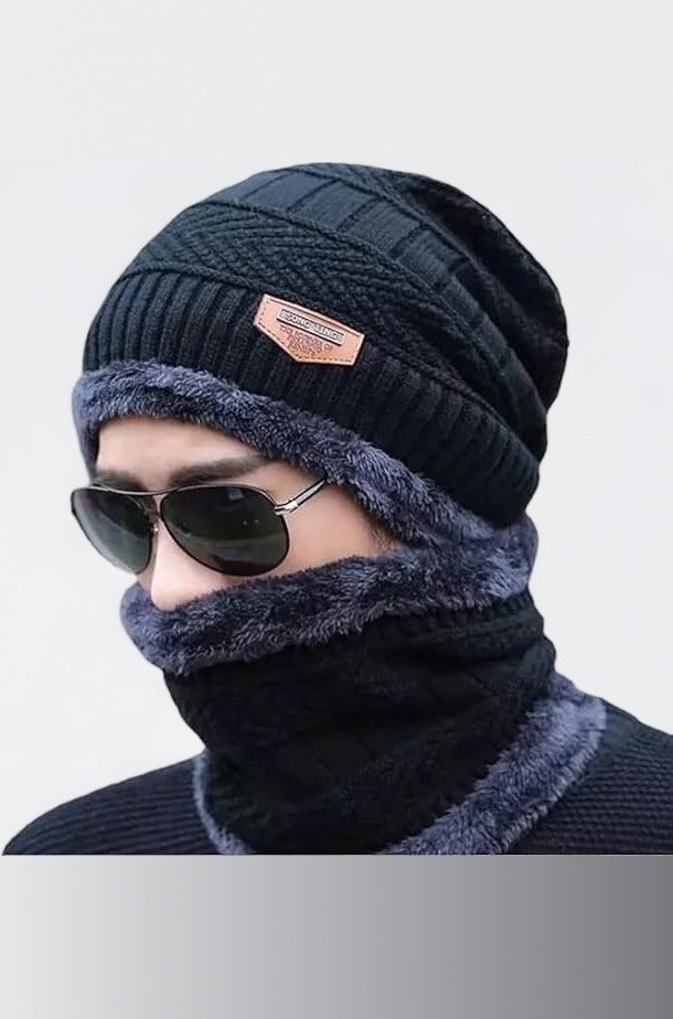 Unisex Wool Beanie Cap with Muffler Set, Soft Warm Woolen Winter Cap & Neck Scarf for Men and Women