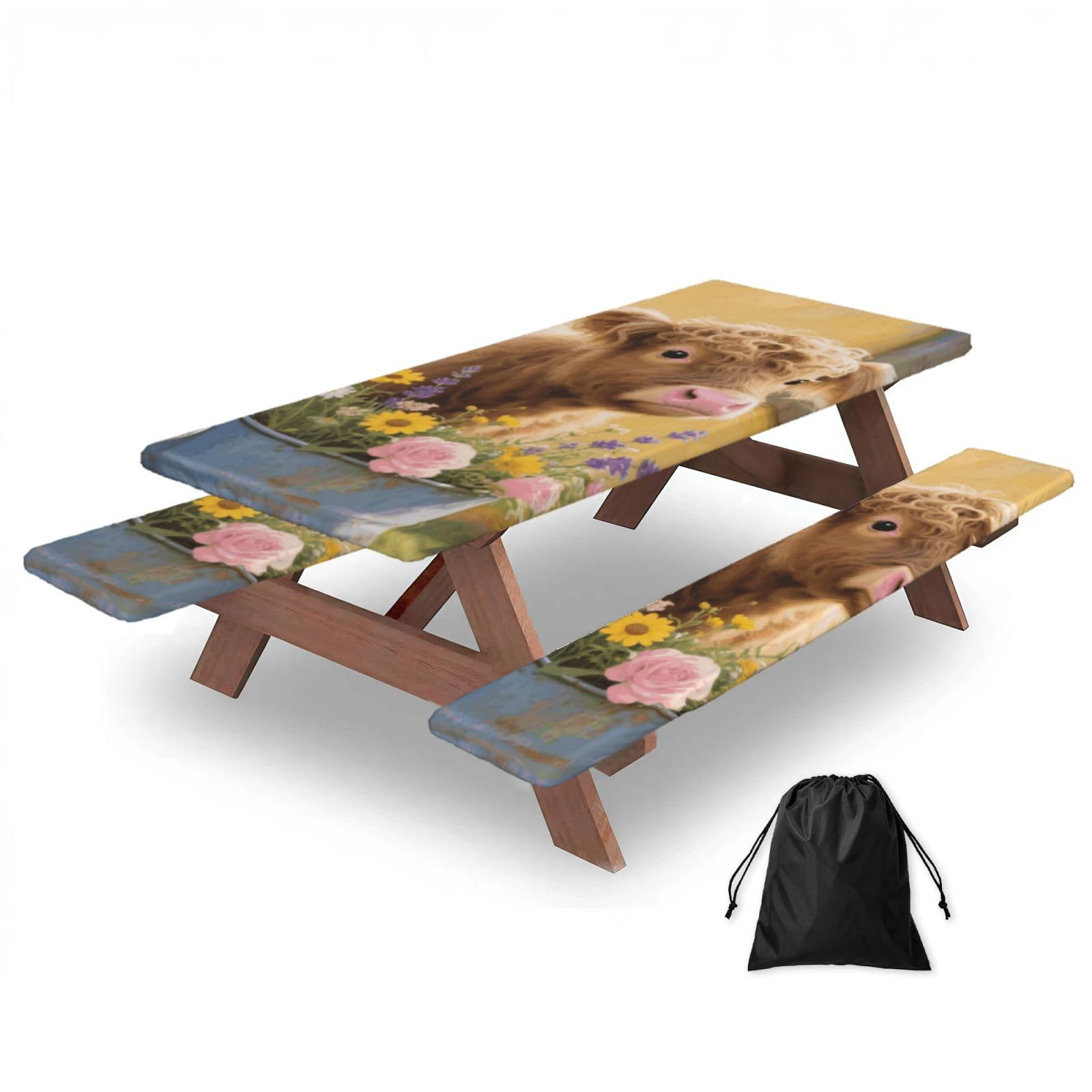 FekiLoot Farmhouse Cow Picnic Table Cover with Bench Covers and Bag, Windproof Waterproof Rectangle Tablecloth with Elastic Edges Fitted Camping Table Covers Portable Camping Accessories