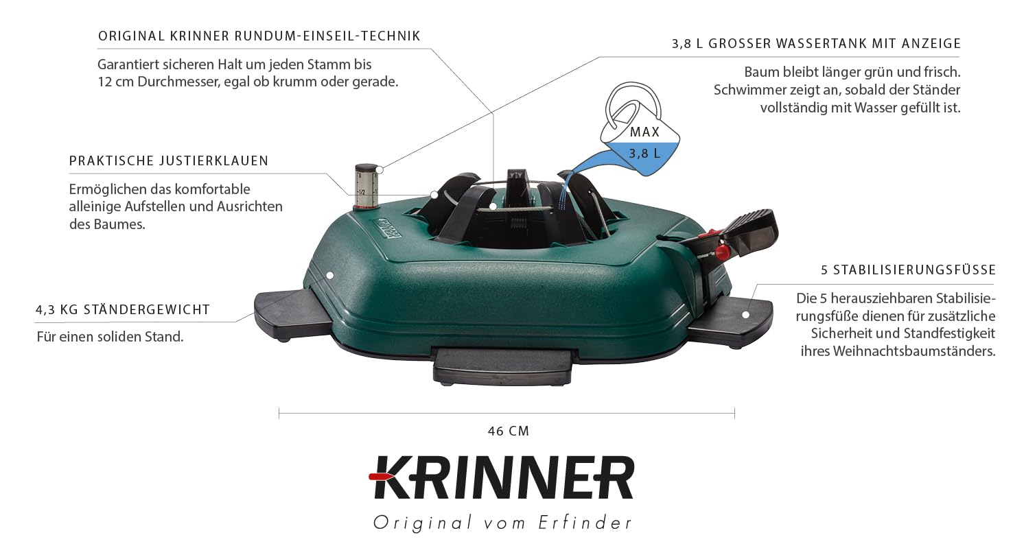 Krinner® Tree Genie L Christbaumständer Weihnachtsbaumständer mit extra Stabilisierungsfüße Baumhöhe 3,30m inkl. Fußpedal und 3,8 Liter Wassertank 94735