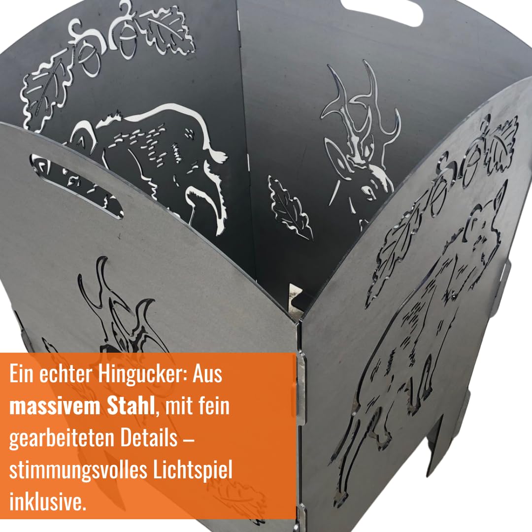 Terma Stahldesign Feuerkorb Jäger Wildschwein Rehbock 70 cm Feuertonne massiv Stahl Feuerstelle Garten Terrasse zerlegbar optional Feuerplatte Handmade Germany