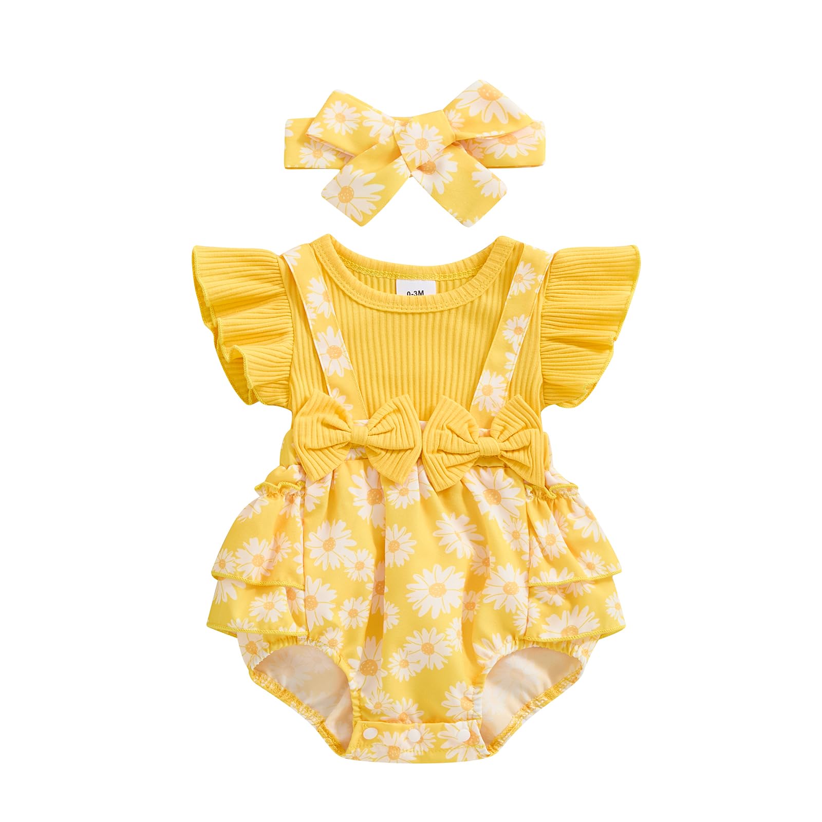 Socutebabe Baby Girl Outfit Floral Daisy Romper Newborn Dress Ruffle Infant Jumpsuit Dresses Cute Summer Clothes and Headband (Daisy Print Yellow, 0-3 Months)