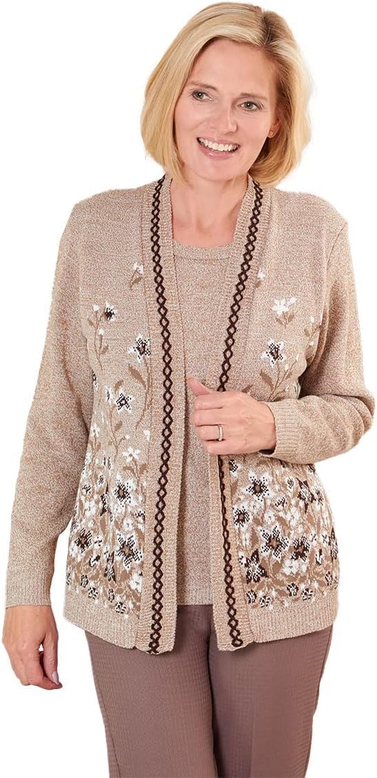 Fashion Friendly Ladies Flower Twin Cardigan (Beige, XXL)