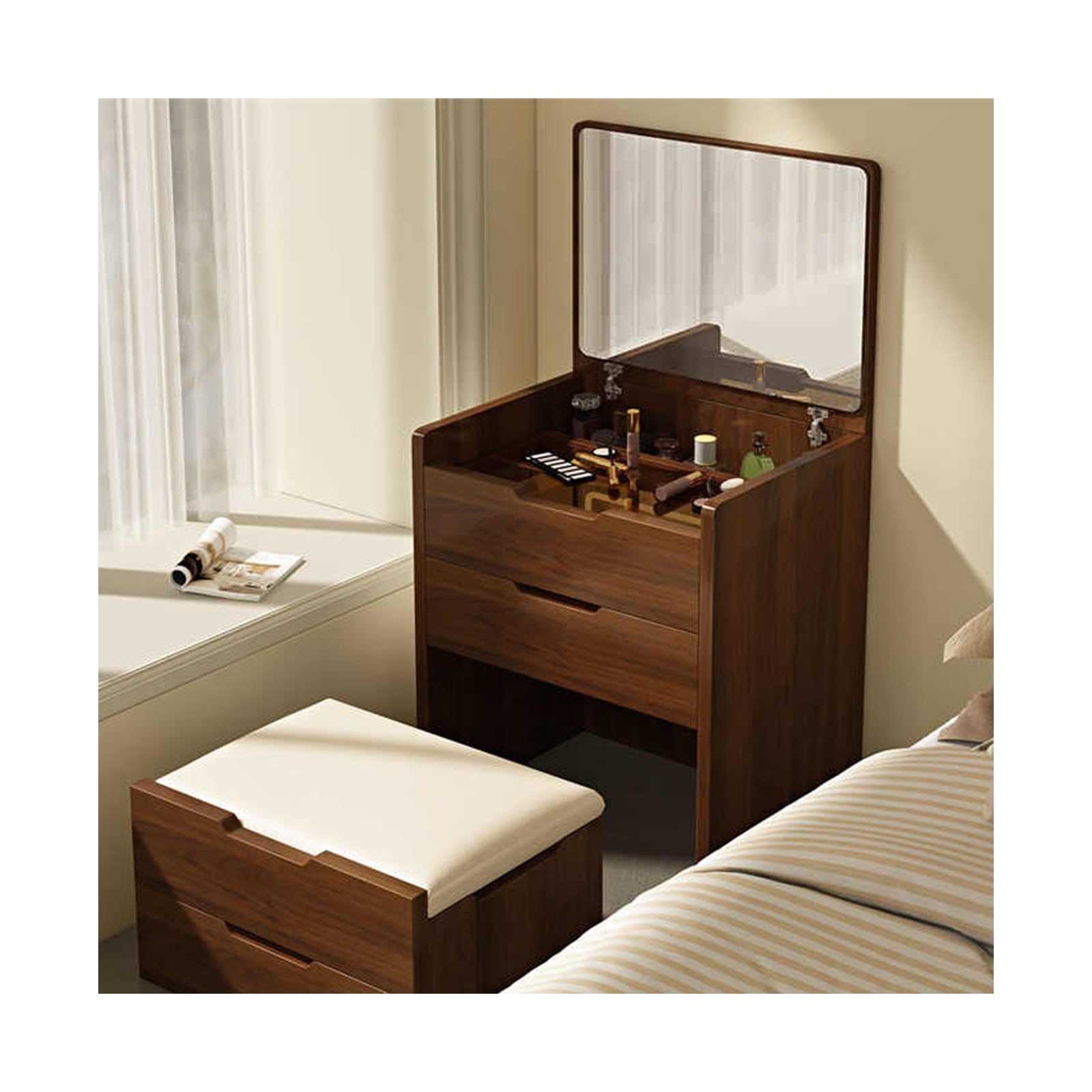 BKSXSOP Vanity Table with Mirror, Small Makeup Desk Set, Walnut Dressing Stool, Ideal for Bedrooms & Bathrooms, Compact Design Stylish nization.