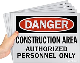 SmartSign (Pack of 5) 9 x 12 inch “Danger - Construction Area, Authorized Personnel Only†OSHA Sign, Screen Printed, 10 mil Polystyrene Plastic, Red/Black on White