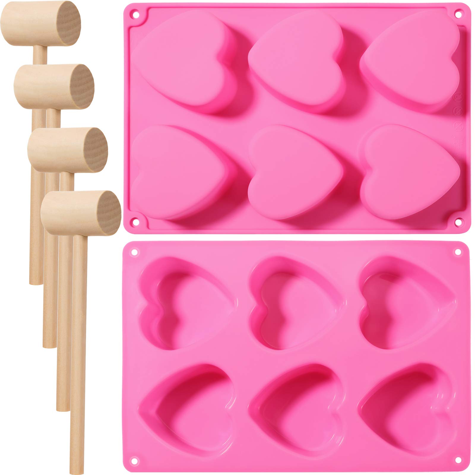 2 Pieces 6 Holes Heart Silicone Molds Heart Shaped Chocolate Mold Baking Mold with 4 Pieces Wooden Hammer Mallet Pounding Tool for Mousse Cake Chocolate Pudding Jelly Soap