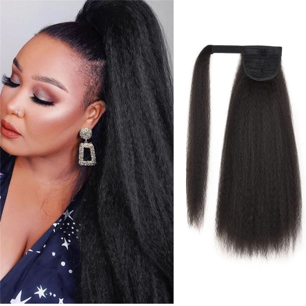 20" Kinky Straight Wrap Around Ponytail Extensions Clip in Yaki Straight Hairpieces Magic Paste Long Ponytail for Women Girls Black