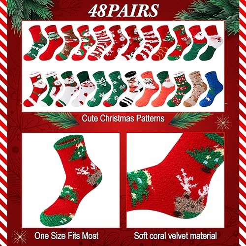 Image of Suhine 48 Pairs Christmas Fuzzy Socks Colorful Cozy Fluffy Christmas Socks Holiday Winter Warm Soft Slipper Socks Women Kids