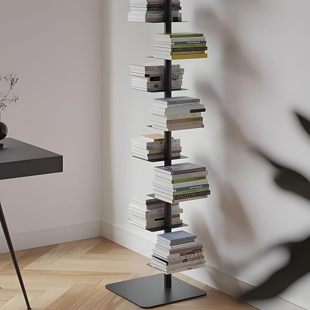 Estantería alta y estrecha, torre vertical de lomo de metal para espacios pequeños, estante de esquina multiusos, estantería de escalera que ahorra espacio para exhibición del hogar