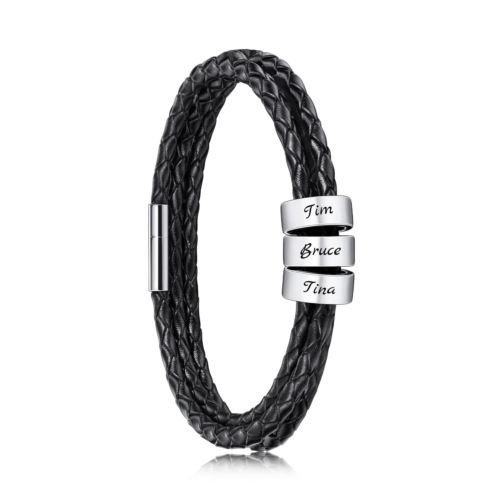 MunkiMixPersonalizado 2-6 Nombres Pulseras de Frijoles Pulsera de Cuero Genuino Hombres Mujeres Regalo Texto Grabado Joyería de Acero Inoxidable Regalos Mejor Amigo