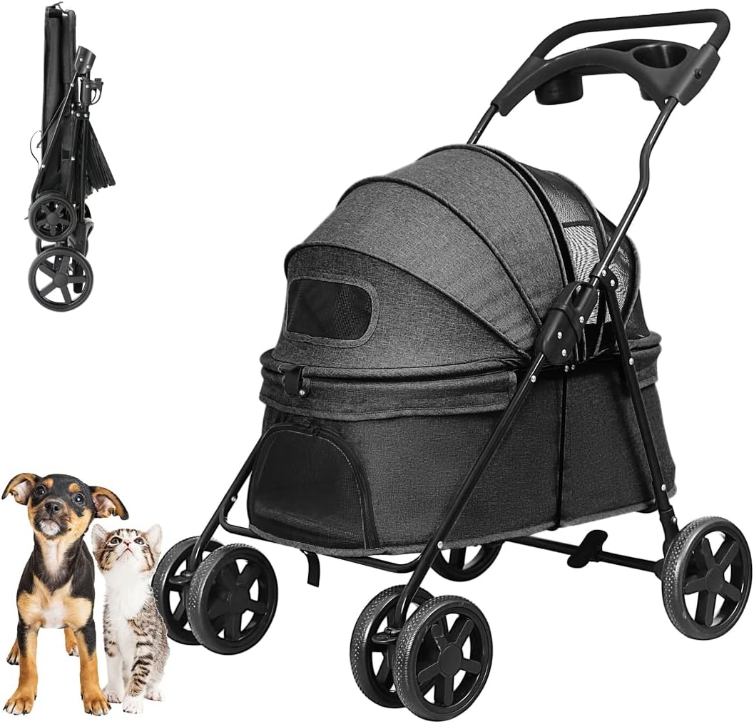 Nastarki Carrito para Mascotas Cochecito Plegable Perros Gatos con Cuatro Ruedas Cesta de Almacenaje y Portavasos Pet Stroller Carrito para Animales de 15 kg Como Máximo (Negro)