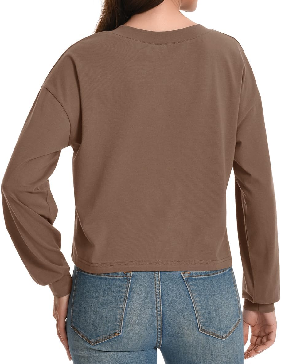 Long Sleeve Crop Tops for Women Loose Cropped Tshirt V Neck Tees Casual Cotton Athletic Workout Shirts - Image 4